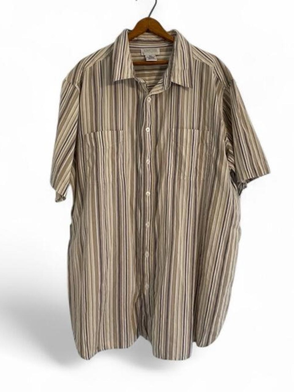 King Size Big Men's XL T Short-Sleeve Button-Up Shirt Beige Stripe 100% Cotton